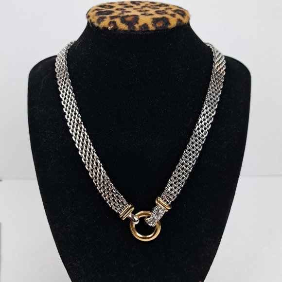 Mesh Chain Necklace & Bracelet Set with Donut Pendant Silver & Gold Tone - Picture 3 of 15